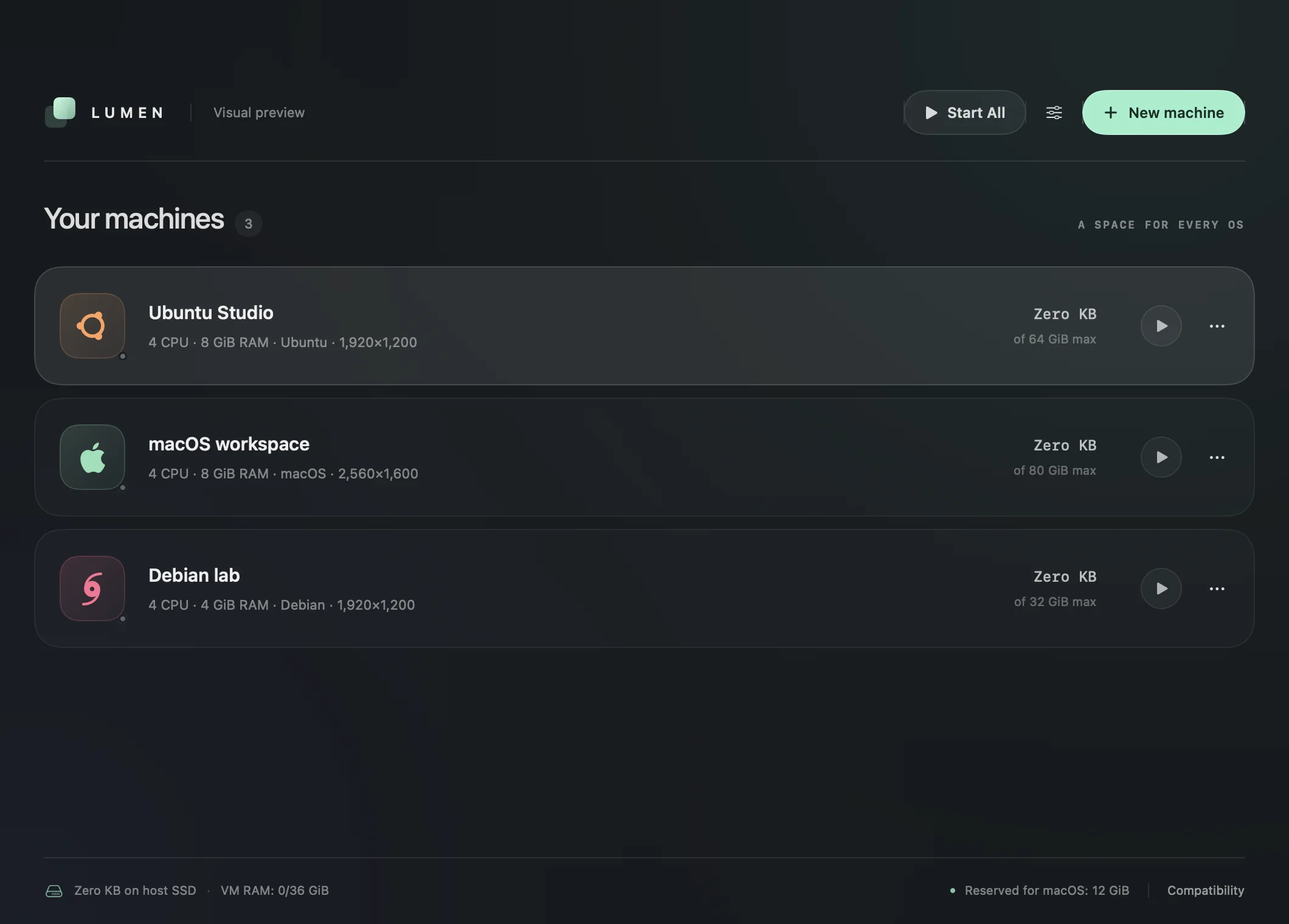 Lumen machine library with Ubuntu Studio, a macOS workspace and a Debian lab